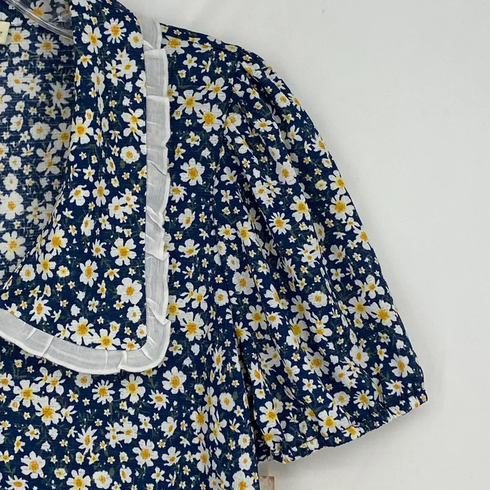 Indigo Rose Juniors Size Medium Button Front Blouse Blue Yellow Floral Print - Picture 4 of 10